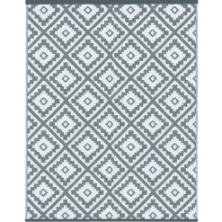 Tapis extérieur terrasse motifs géométriques gris et blanc