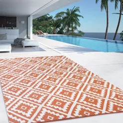 Tapis extérieur terrasse motifs géométriques terracotta et blanc 160 x 260 cm
