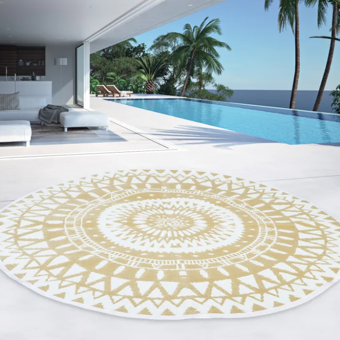 Tapis extérieur terrasse motifs maoris blanc et naturel 150 cm