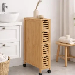 Tour de rangement 4 tiroirs bambou sur roulettes colonne gain de place
