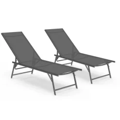 Transats de jardin acier gris anthracite et toile grise - lot de 2