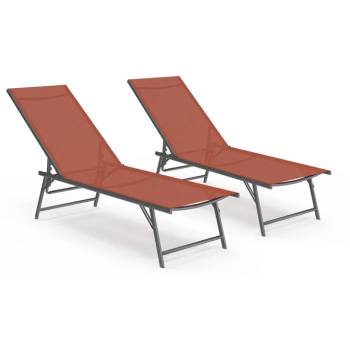 Transats de jardin acier gris anthracite et toile terracotta - lot de 2