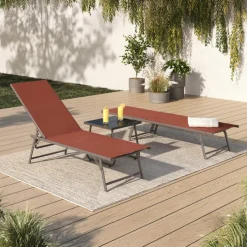 Transats de jardin acier gris anthracite et toile terracotta - lot de 2