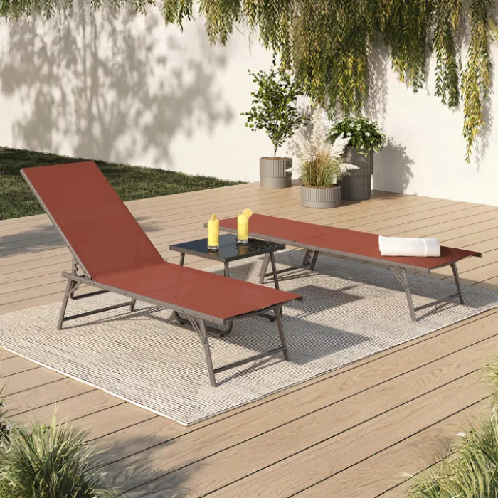 Transats de jardin acier gris anthracite et toile terracotta - lot de 2