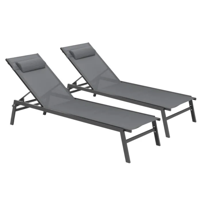 Transats de jardin aluminium gris et noir : lot de 2