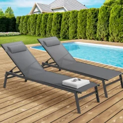 Transats de jardin aluminium gris et noir : lot de 2