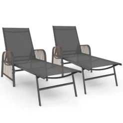 Transats de jardin inclinables gris anthracite avec accoudoirs cordage effet rotin