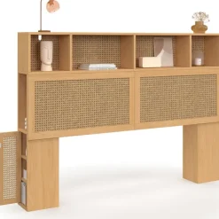 Tête de lit 145 cm en cannage avec rangements fermés et niches