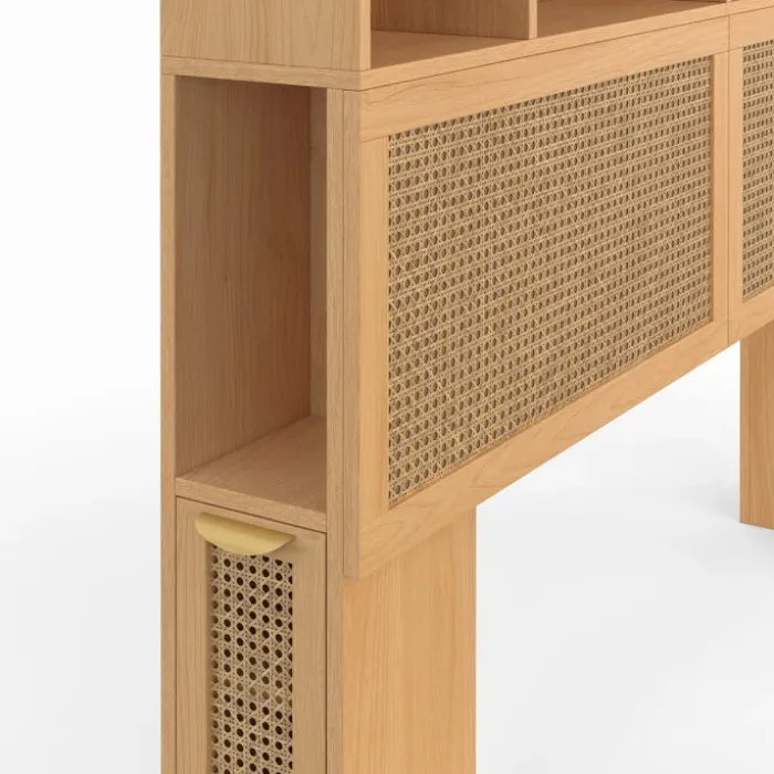 Tête de lit 145 cm en cannage avec rangements fermés et niches