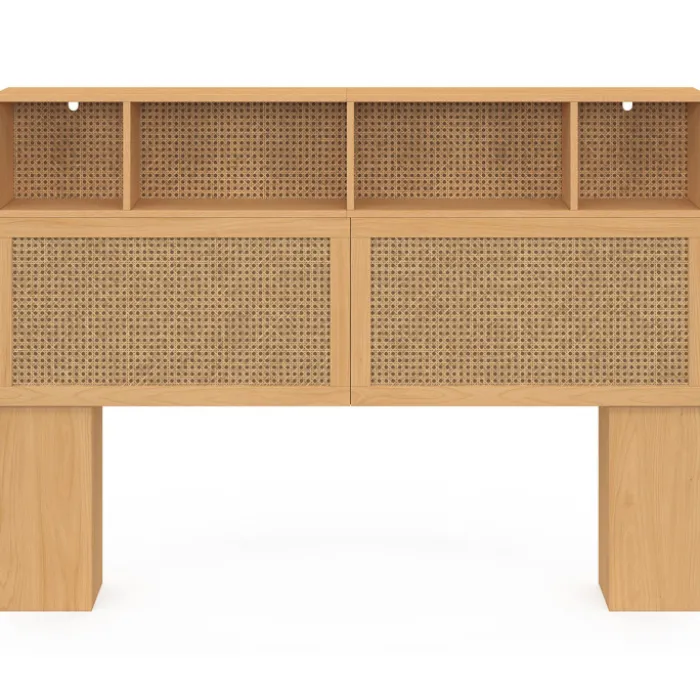 Tête de lit 145 cm en cannage avec rangements fermés et niches