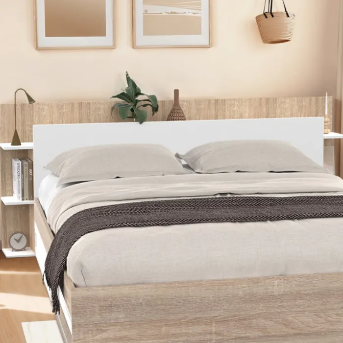 Tête de lit avec rangements blanc et bois sur pied