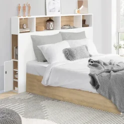 Tête de lit avec rangement intégré 145 cm blanc et bois façon hêtre