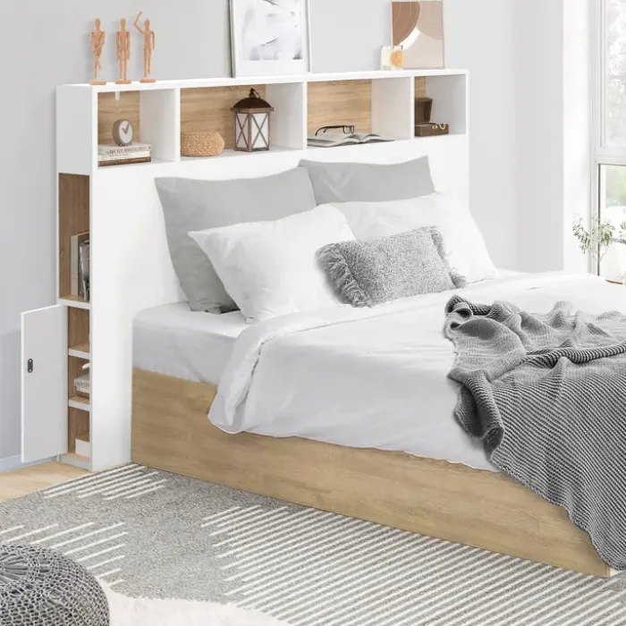 Tête de lit avec rangement intégré 145 cm blanc et bois façon hêtre