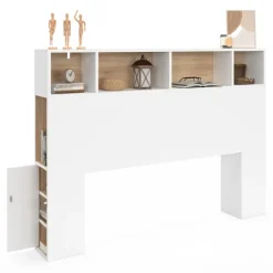 Tête de lit avec rangement intégré 145 cm blanc et bois façon hêtre