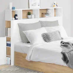 Tête de lit avec rangement intégré 165 cm blanc et bois façon hêtre