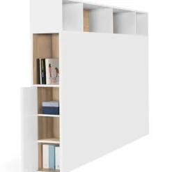Tête de lit avec rangement intégré 165 cm blanc et bois façon hêtre