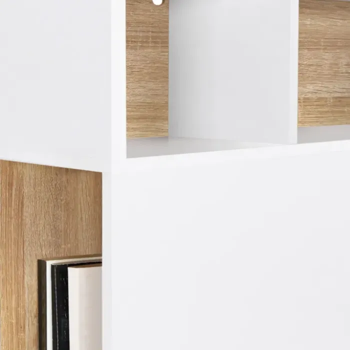 Tête de lit avec rangement intégré 165 cm blanc et bois façon hêtre