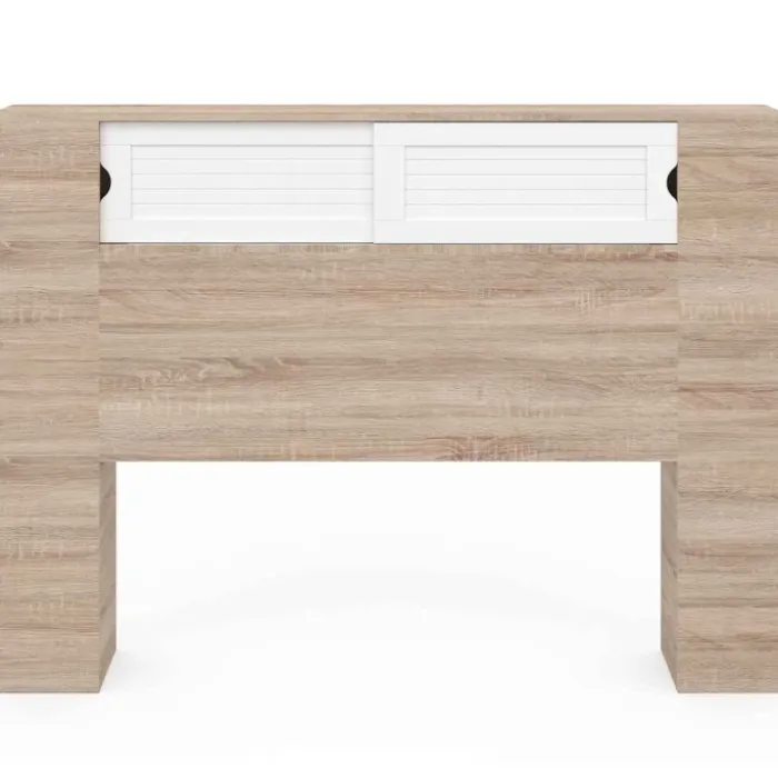 Tête de lit bois et blanc 145 cm avec rangements fermés et niches
