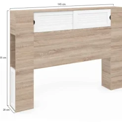Tête de lit bois et blanc 145 cm avec rangements fermés et niches