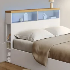 Tête de lit sur pied à LED avec plateau bois 145 cm rangements et niches blanches