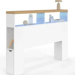 Tête de lit sur pied à LED avec plateau bois 145 cm rangements et niches blanches