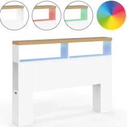 Tête de lit sur pied à LED avec plateau bois 145 cm rangements et niches blanches