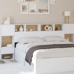 Tête de lit sur pied blanc et bois