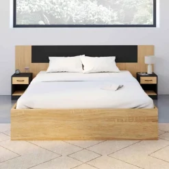 Tête de lit sur pied bois et noir avec chevets modulables