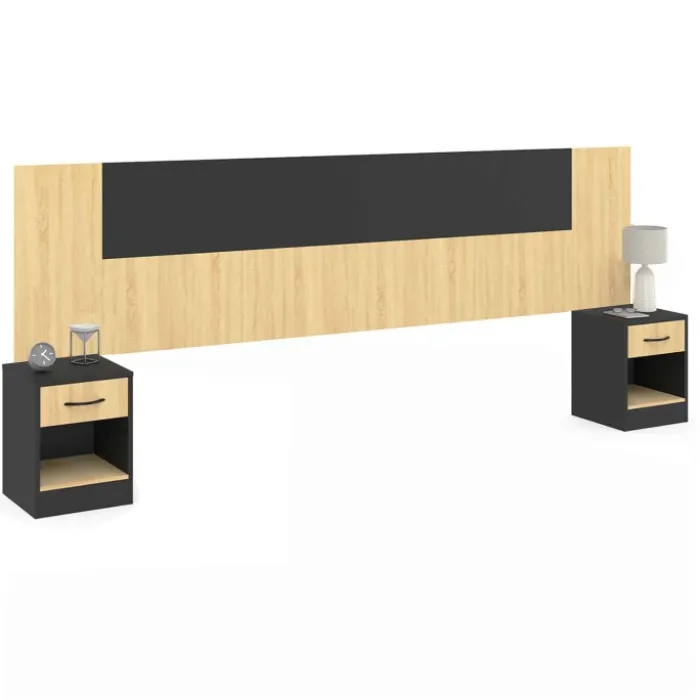 Tête de lit sur pied bois et noir avec chevets modulables