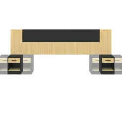 Tête de lit sur pied bois et noir avec chevets modulables