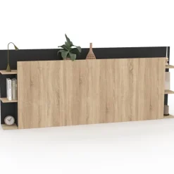 Tête de lit sur pied bois et noir avec rangement pour lit 140-160 cm
