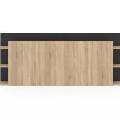 Tête de lit sur pied bois et noir avec rangement pour lit 140-160 cm