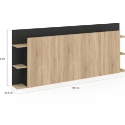 Tête de lit sur pied bois et noir avec rangement pour lit 140-160 cm