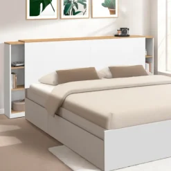 Tête de lit sur pied extensible blanc et façon bois avec chevets