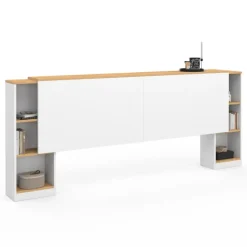 Tête de lit sur pied extensible blanc et façon bois avec chevets