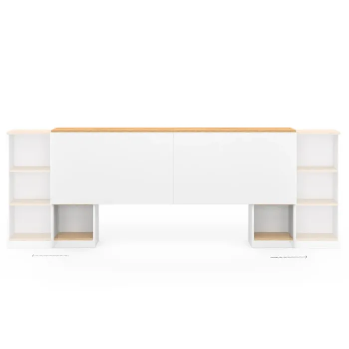 Tête de lit sur pied extensible blanc et façon bois avec chevets