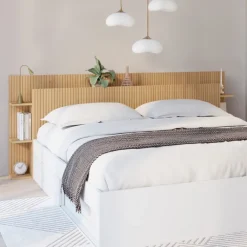 Tête de lit sur pied pour lit 140 et 160 cm avec rangements effet lattes tasseau bois