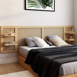 Tête de lit suspendue 240 cm cannage et bois avec étagères