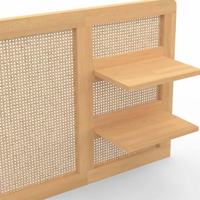 Tête de lit suspendue 240 cm cannage et bois avec étagères