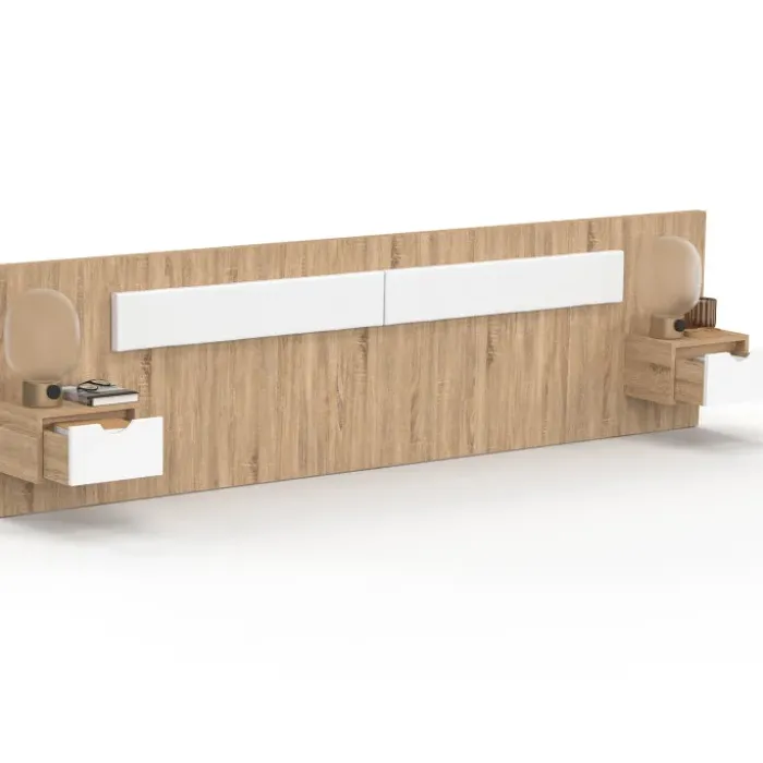 Tête de lit suspendue avec chevets pour lit 140, 160 et 180 cm bois et blanc
