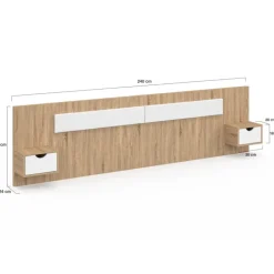 Tête de lit suspendue avec chevets pour lit 140, 160 et 180 cm bois et blanc
