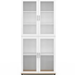 Vaisselier buffet haut 176 cm avec 4 portes vitrées blanc et bois
