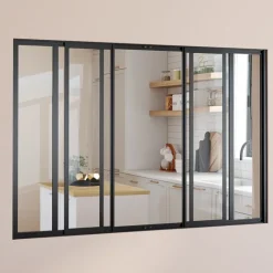 Verrière atelier coulissante 6 vitrages L. 160 x H. 108 cm en métal noir et verre trempé