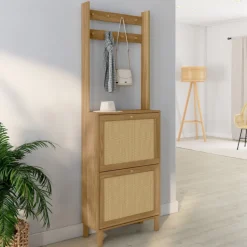 Vestiaire d'entrée 2 portes bois effet naturel cannage meuble chaussures 12 paires