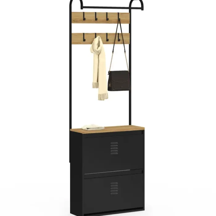 Vestiaire d'entrée avec meuble chaussures 2 portes en métal noir