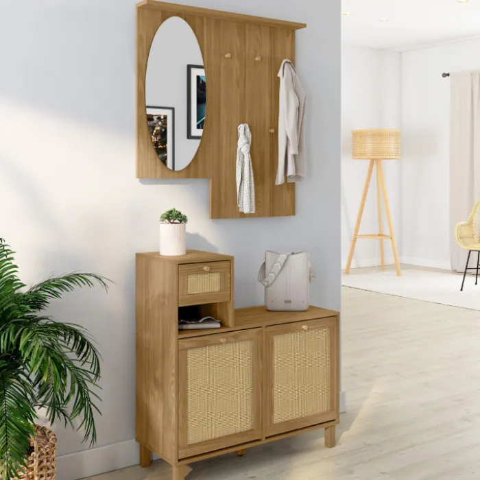 Vestiaire d'entrée avec miroir, placard à chaussure et rangements en bois effet naturel cannage