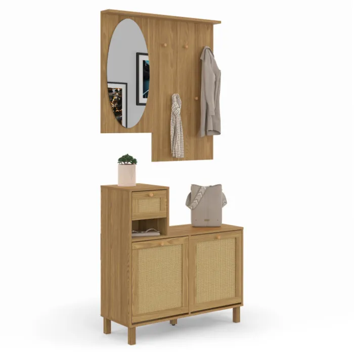 Vestiaire d'entrée avec miroir, placard à chaussure et rangements en bois effet naturel cannage
