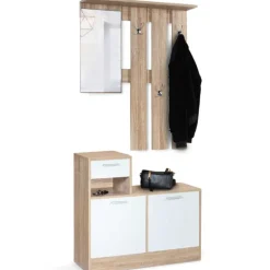 Vestiaire d’entrée avec miroir, porte-manteaux et range-chaussures en lot