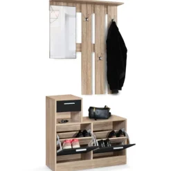 Vestiaire d'entrée avec miroir, porte-manteaux et range-chaussures