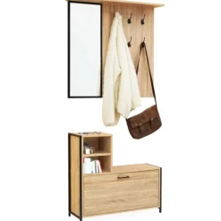Vestiaire d’entrée avec miroir et range-chaussures style industriel